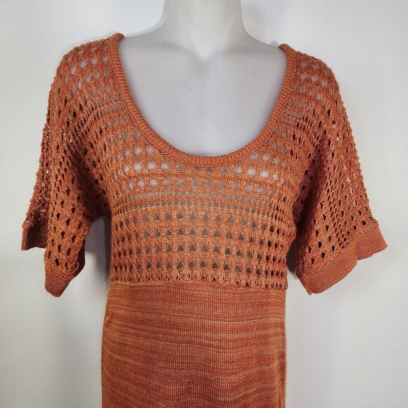 Studio Y Womens Tunic Sweater Medium Crochet Open Knit Short Sleeve Orange Scoop - Picture 3 of 6